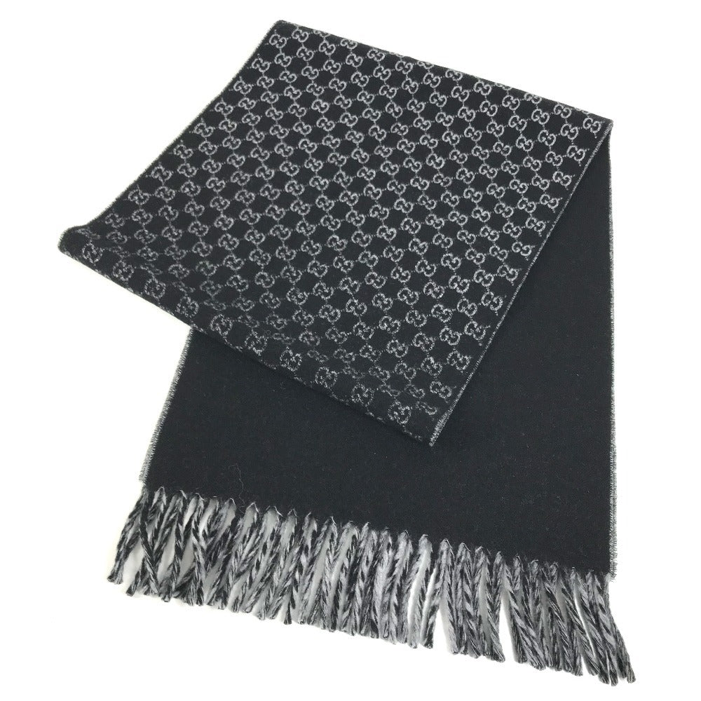 GUCCI 852038 GG logo fringe Stole/Shawl (winter clothing) Scarf Wool / Cashmere Black/gray Used