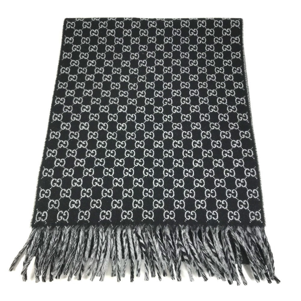 GUCCI 852038 GG logo fringe Stole/Shawl (winter clothing) Scarf Wool / Cashmere Black/gray Used