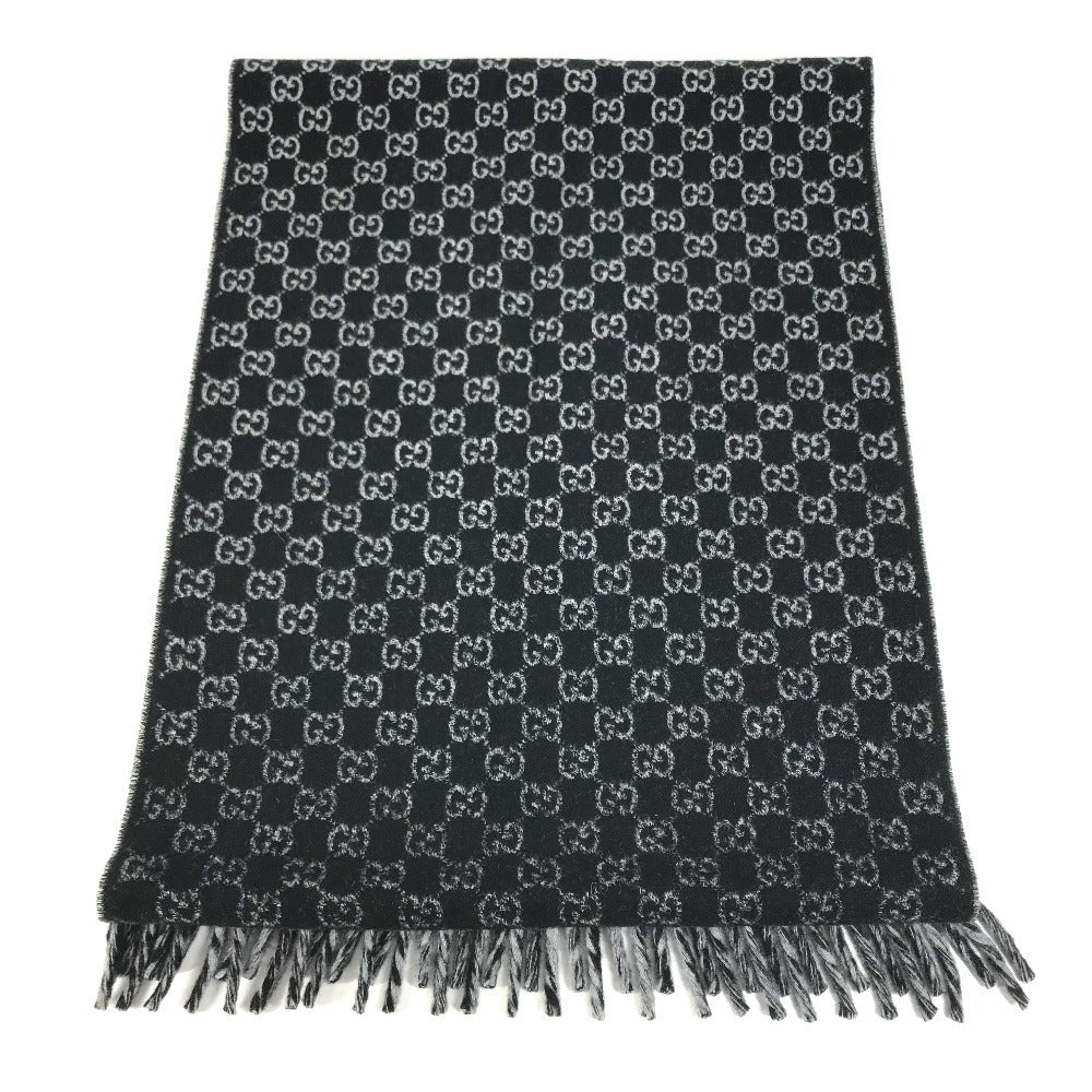 GUCCI 852038 GG logo fringe Stole/Shawl (winter clothing) Scarf Wool / Cashmere Black/gray Used