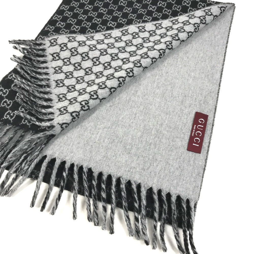 GUCCI 852038 GG logo fringe Stole/Shawl (winter clothing) Scarf Wool / Cashmere Black/gray Used