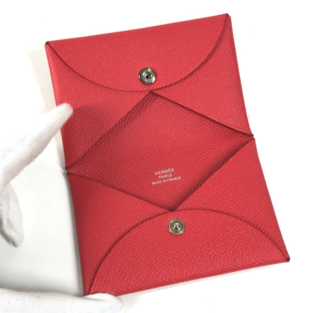 HERMES Calvi Business Card Holder Pass Case Folded Card Case Epsom Rouge Coo Red Used