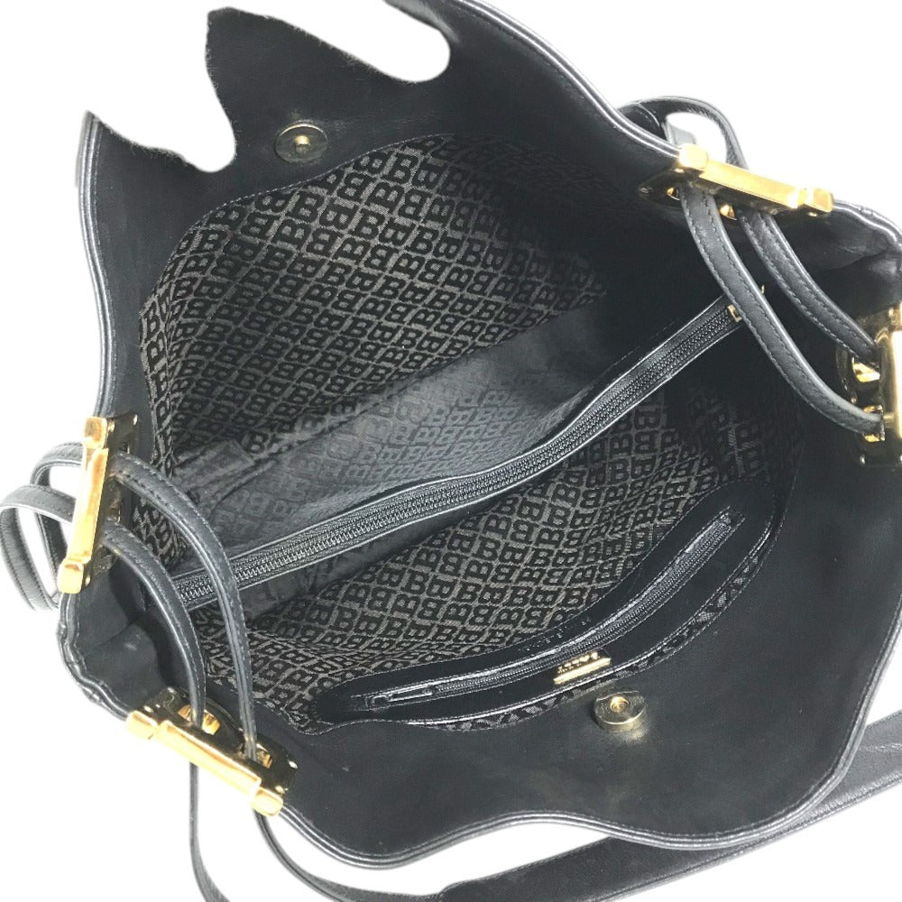 BALLY Big B logo Bag Tote Bag shawl Shoulder Bag Embossed Leather Black/Gold Used