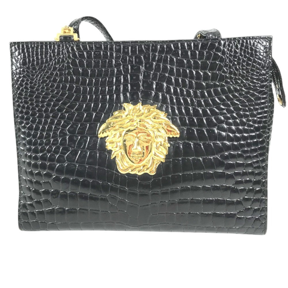 VERSACE Big Medusa Logo Greca Tote Bag Shoulder Chain Shoulder Bag Embossed Leather Black/Gold Used