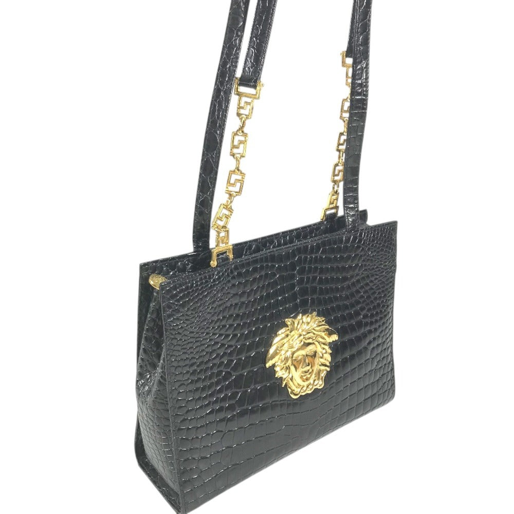 VERSACE Big Medusa Logo Greca Tote Bag Shoulder Chain Shoulder Bag Embossed Leather Black/Gold Used