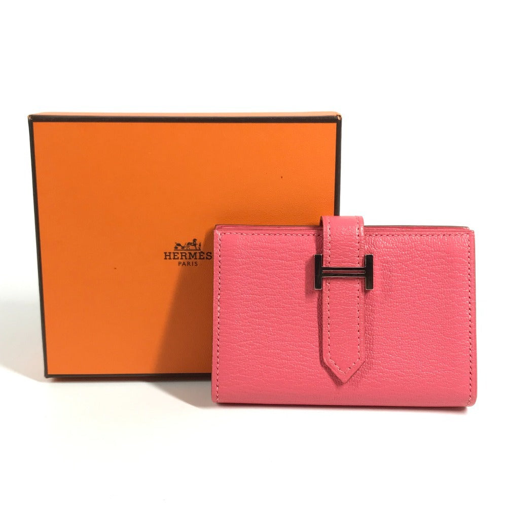 HERMES Bearn Compact Compact Wallet, Bi-fold Wallet, Card Case coin purse Chevre Rose azare pink Used