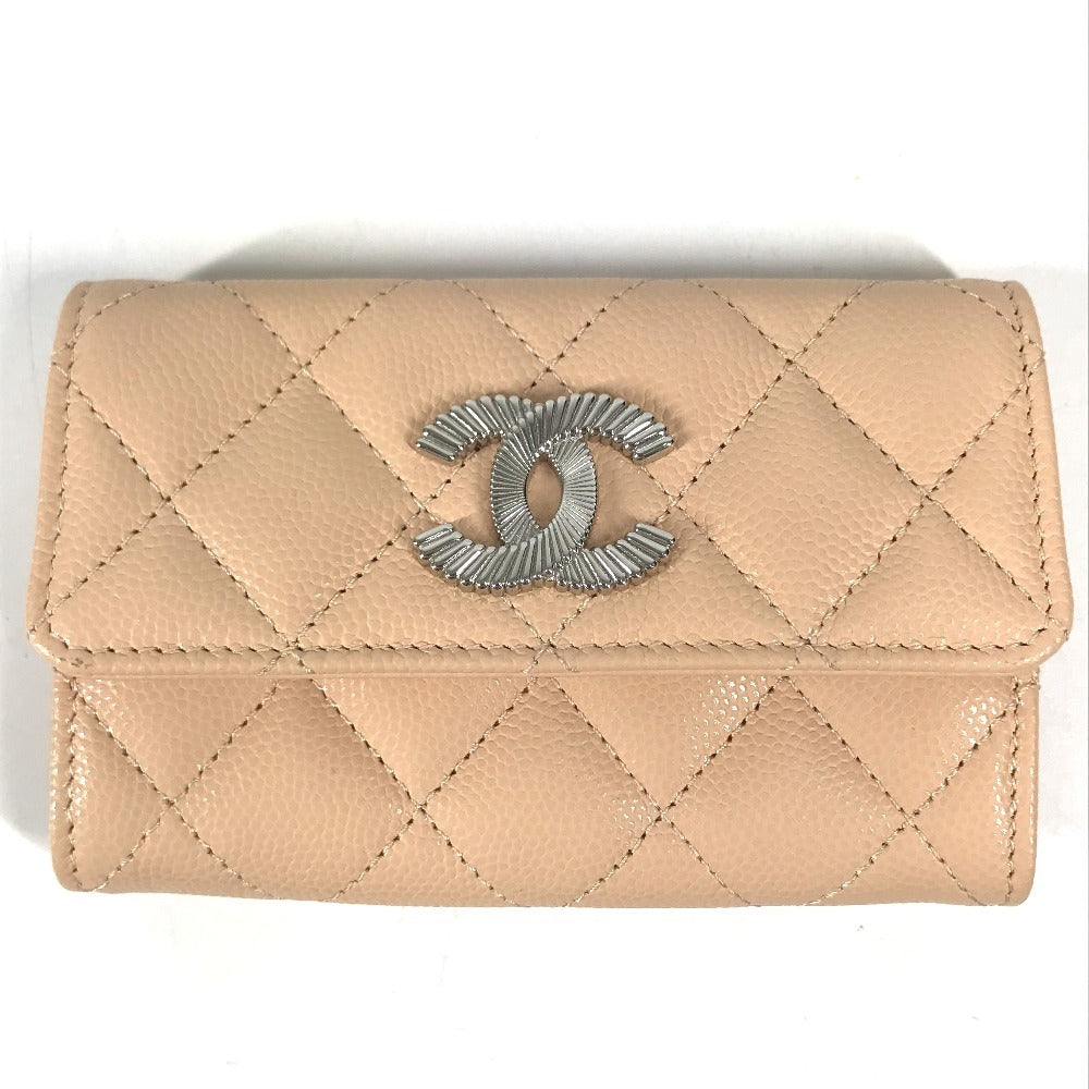 CHANEL AP4333 CC CC Mark logo Wallet Coin Compartment Business Card Holder Pass Case Flap Card Case Caviar Leather Beige Used