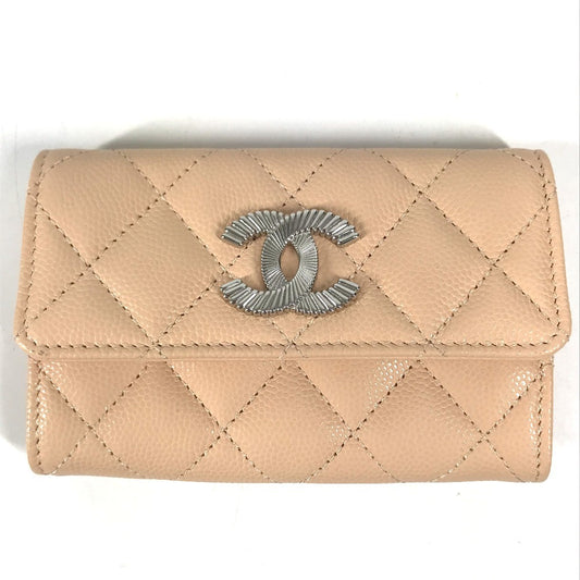 CHANEL AP4333 CC CC Mark logo Wallet Coin Compartment Business Card Holder Pass Case Flap Card Case Caviar Leather Beige Used