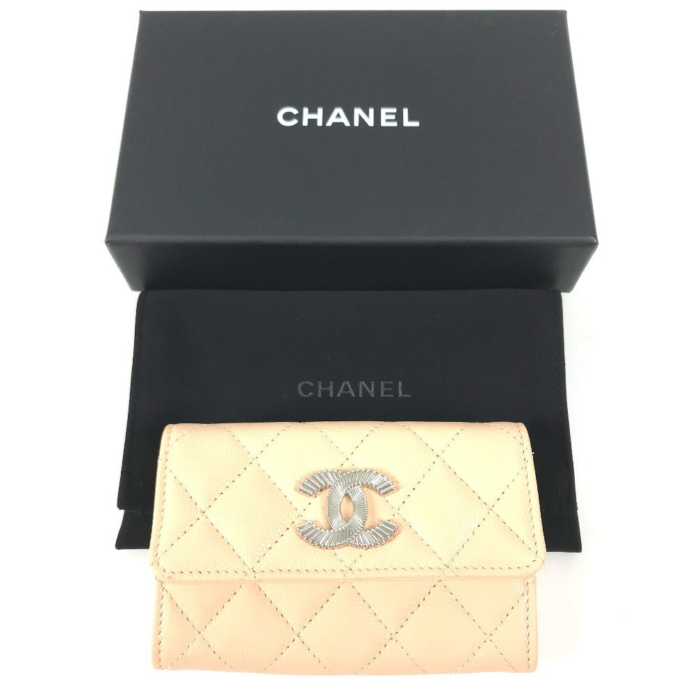 CHANEL AP4333 CC CC Mark logo Wallet Coin Compartment Business Card Holder Pass Case Flap Card Case Caviar Leather Beige Used