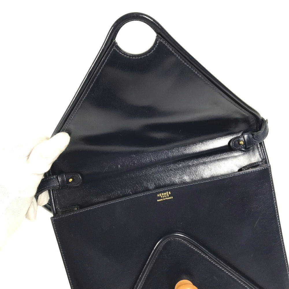 HERMES vintage Wood Button Bag Tote Bag shawl Shoulder Bag Leather Navy Used