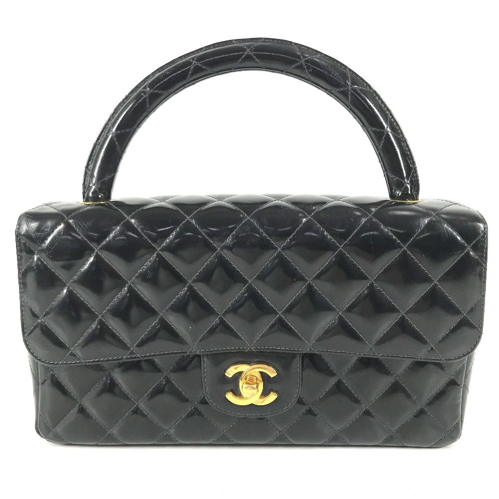 CHANEL vintage Top handle Matelasse Quilted CC CC Mark logo bag flap Hand Bag enamel Black/GoldHardware Used