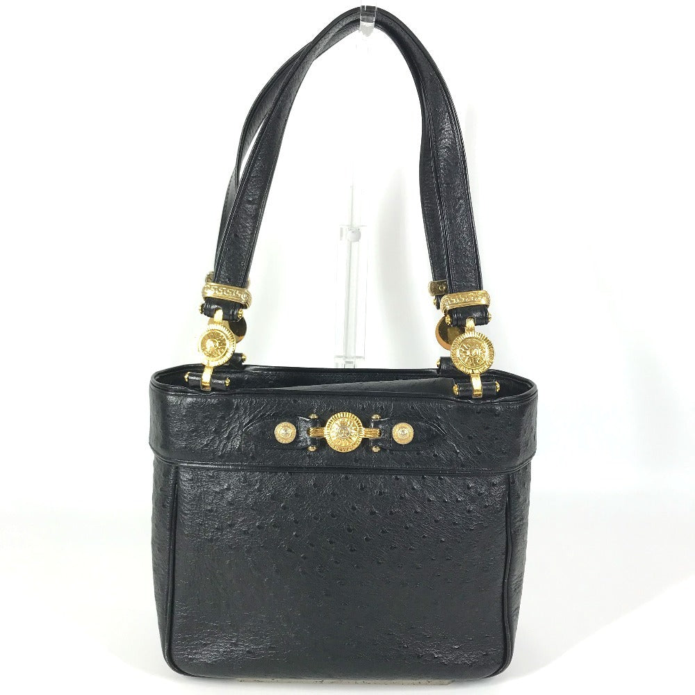 VERSACE vintage Logo Sunburst Bag Tote Bag shawl Shoulder Bag Embossed Leather Black/GoldHardware Used