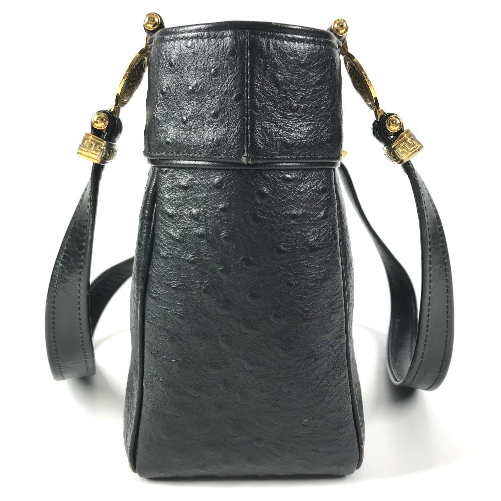 VERSACE vintage Logo Sunburst Bag Tote Bag shawl Shoulder Bag Embossed Leather Black/GoldHardware Used
