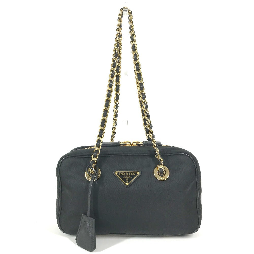 PRADA 1BB121 Tote Bag triangle logo triangle logo plate Shoulder bag, Double Chain Chain bag Shoulder Bag Leather / Nylon Black/GoldHardware Used