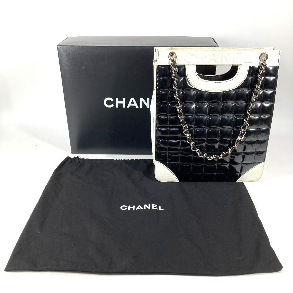 CHANEL バイカラー ロゴ チョコバー トートバッグ カバン 肩掛け Wチェーンバッグ ショルダーバッグ エナメル/レザー ユニセックス ブラック