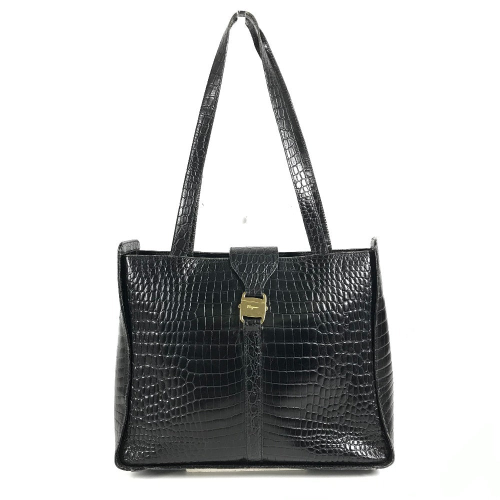 Salvatore Ferragamo โลโก้ กระเป๋า สะพายไหล่/สะพายข้าง/โท้ท กระเป๋าสะพายข้าง หนังปั๊มลาย ยูนิเซ็กส์ สีดำ