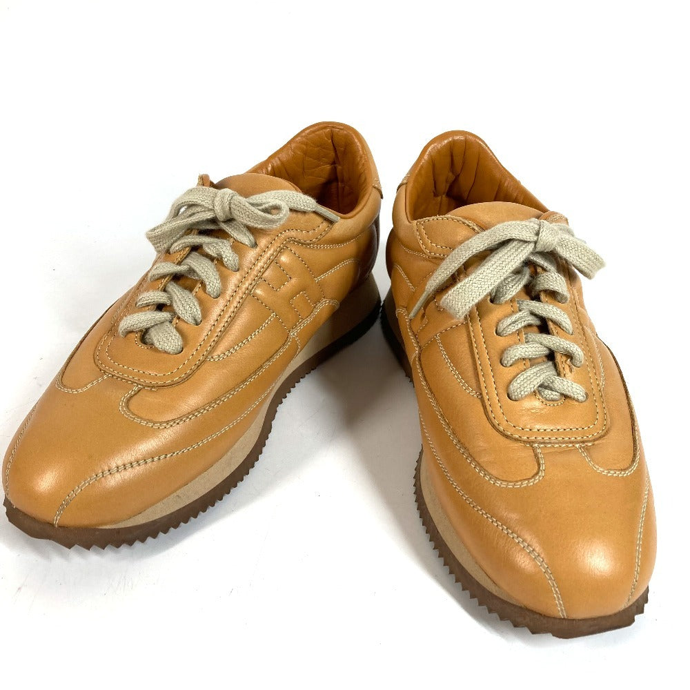HERMES Quick รองเท้าผ้าใบ H Logo Stitch รองเท้าหนังผู้หญิง สีเบจ