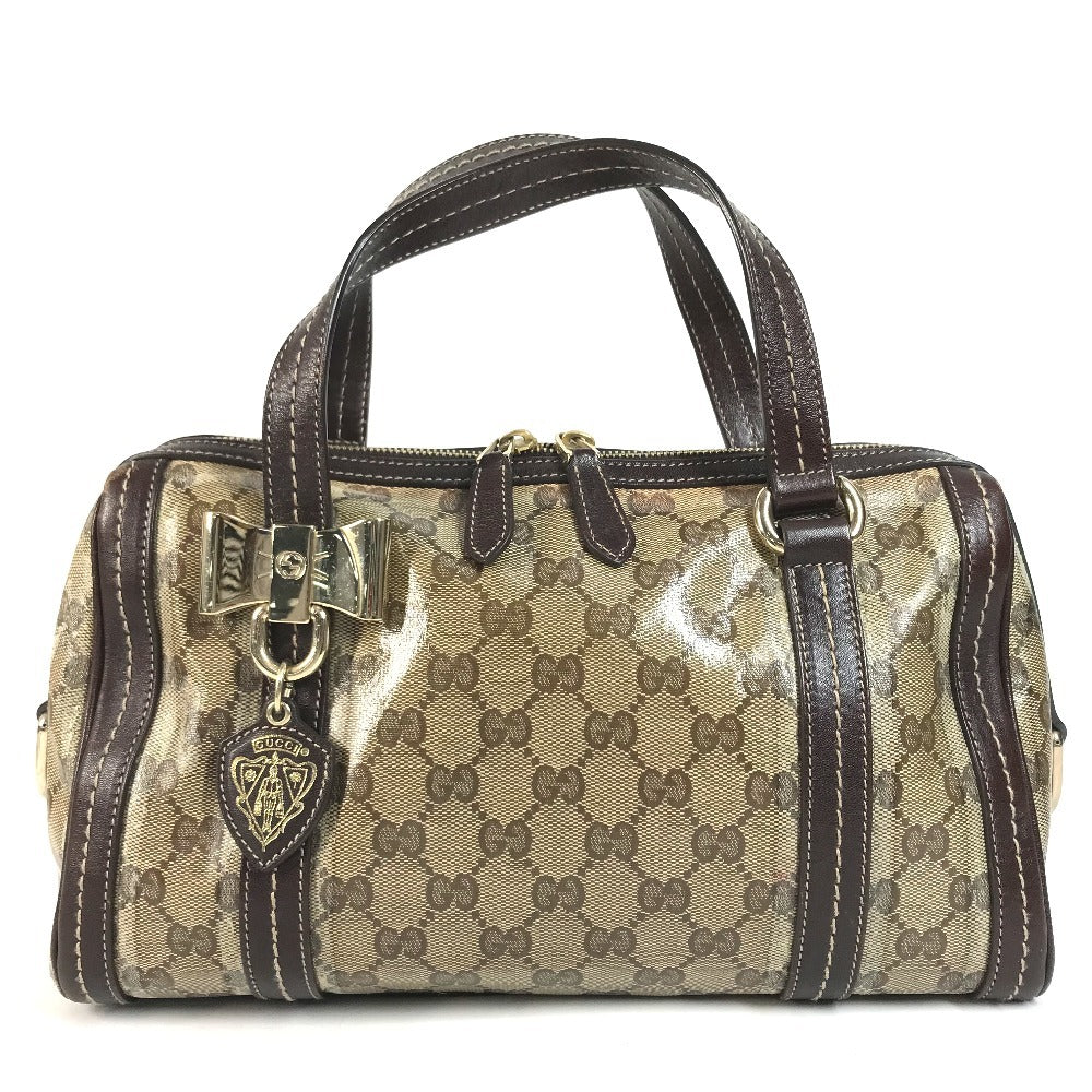GUCCI 181487 GG logo crystal Mini Duffle Bag with Ribbon - Hysteria Hand Bag Leather / Coated Canvas Beige/Dark brown Used