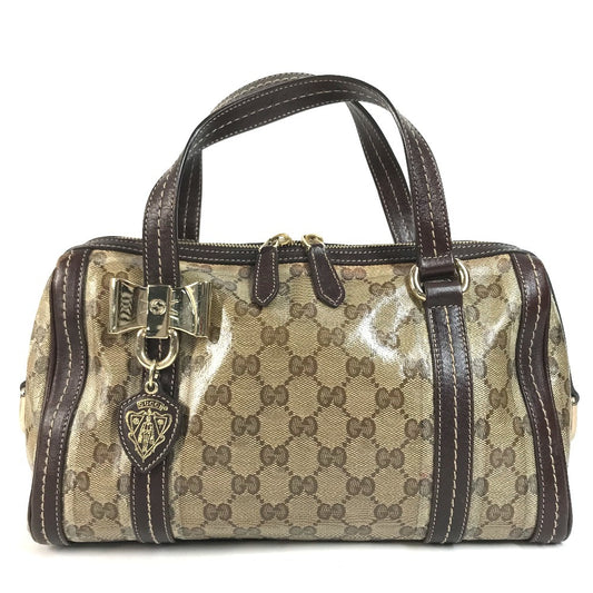 GUCCI 181487 GG logo crystal Mini Duffle Bag with Ribbon - Hysteria Hand Bag Leather / Coated Canvas Beige/Dark brown Used