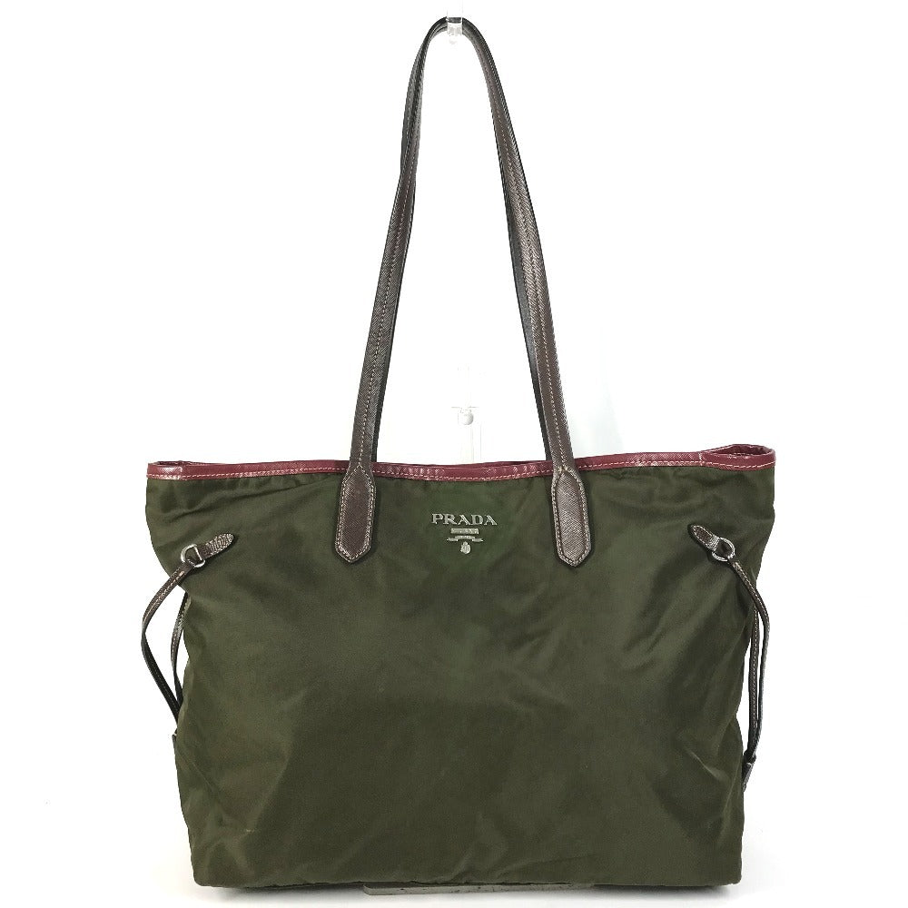 PRADA triangle logo triangle logo plate Bag Tote Bag shawl Shoulder Bag Leather / Nylon khaki/Red Used