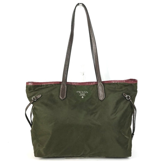 PRADA triangle logo triangle logo plate Bag Tote Bag shawl Shoulder Bag Leather / Nylon khaki/Red Used