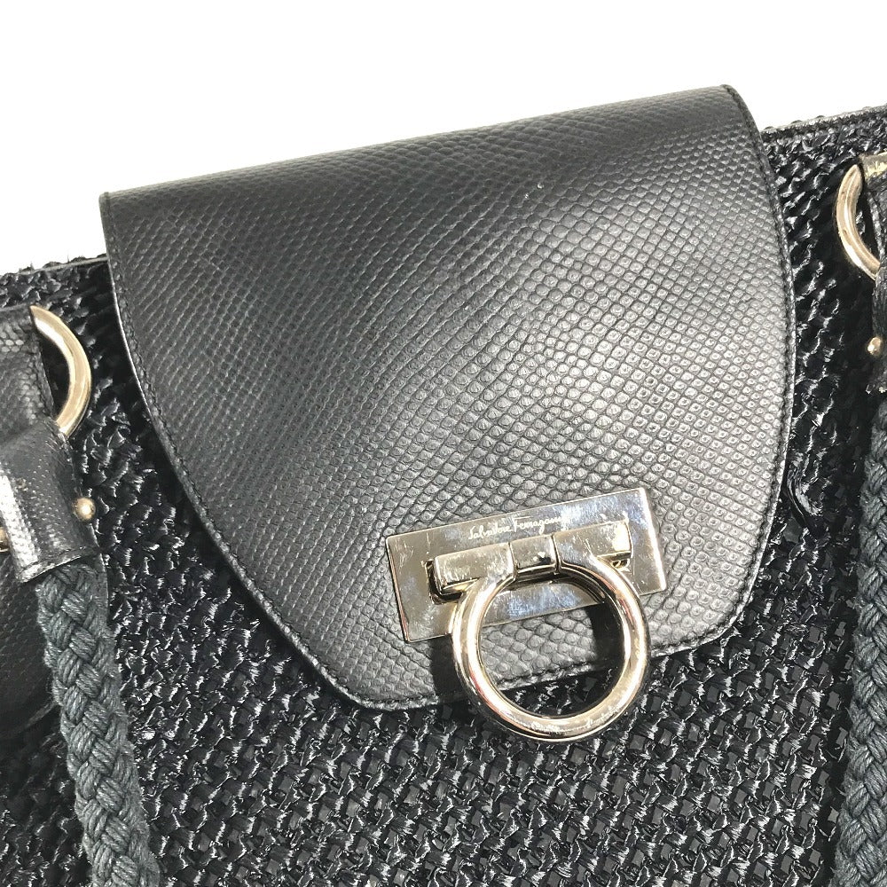 Salvatore Ferragamo Gancini logo Bag Tote Bag shawl Shoulder Bag Straw / Leather Black Used