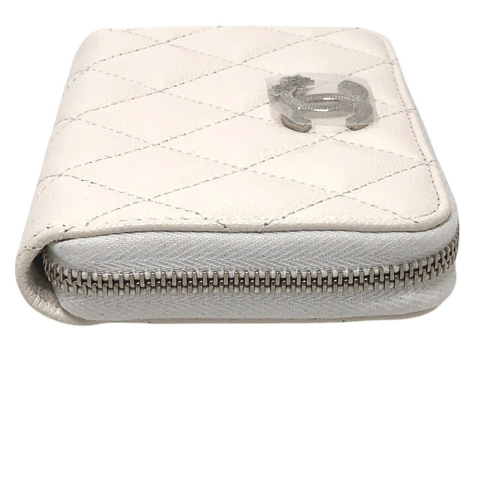 CHANEL AP3728 Star Coco Mark Round Coin Case Compact Wallet Coin Case Caviar Leather Women's White
