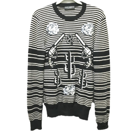 DOLCE&GABBANA GP003K ボーダー ワッペン フラワー サボテン ピストル 長袖 トップス セーター カシミヤ メンズ ブラック ブラック×ホワイト系