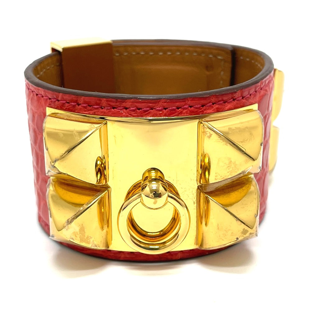HERMES Collier de Chien Bangle Bracelet, Leather, Women's, Bougainvillea, Red with Gold Hardware