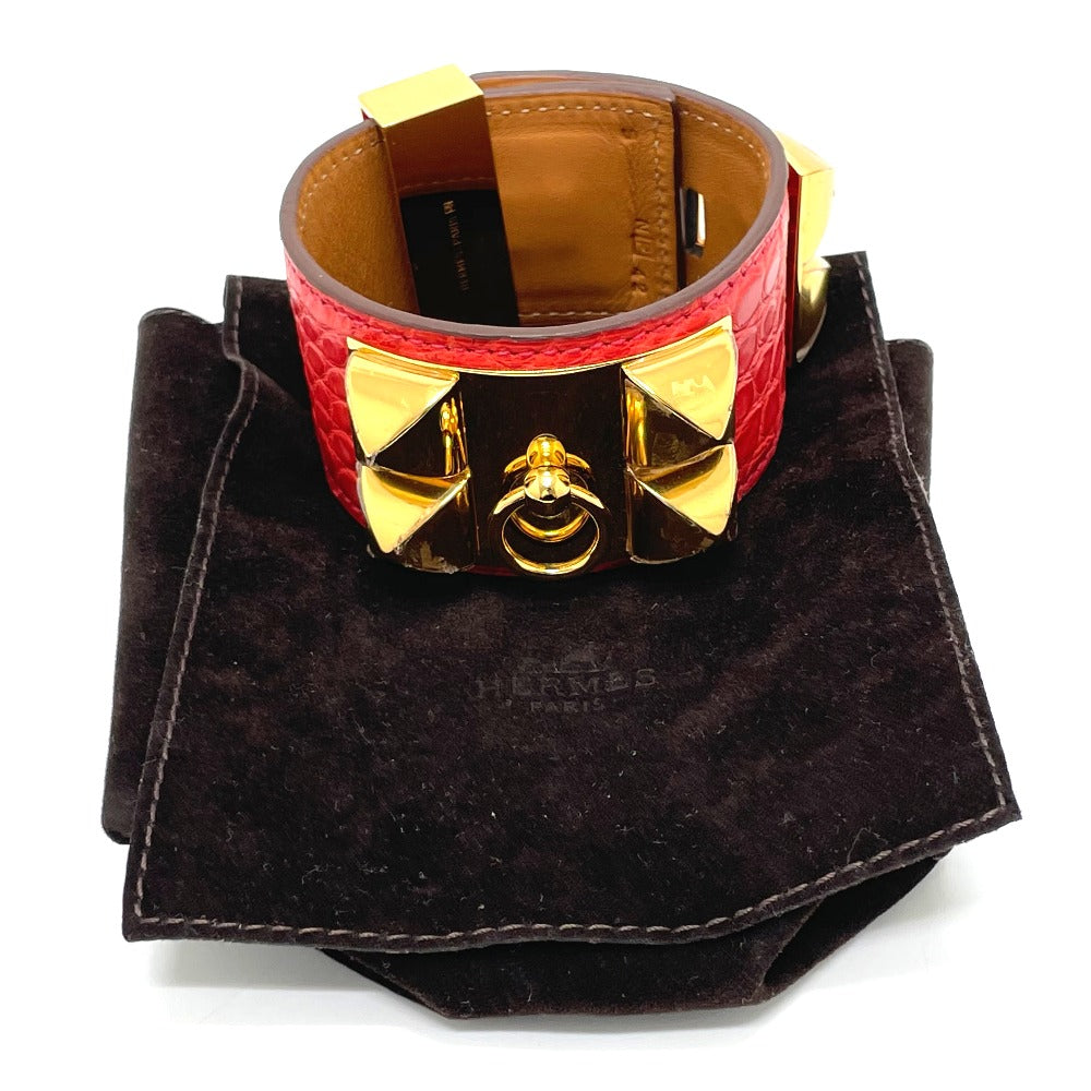 HERMES Collier de Chien Bangle Bracelet, Leather, Women's, Bougainvillea, Red with Gold Hardware