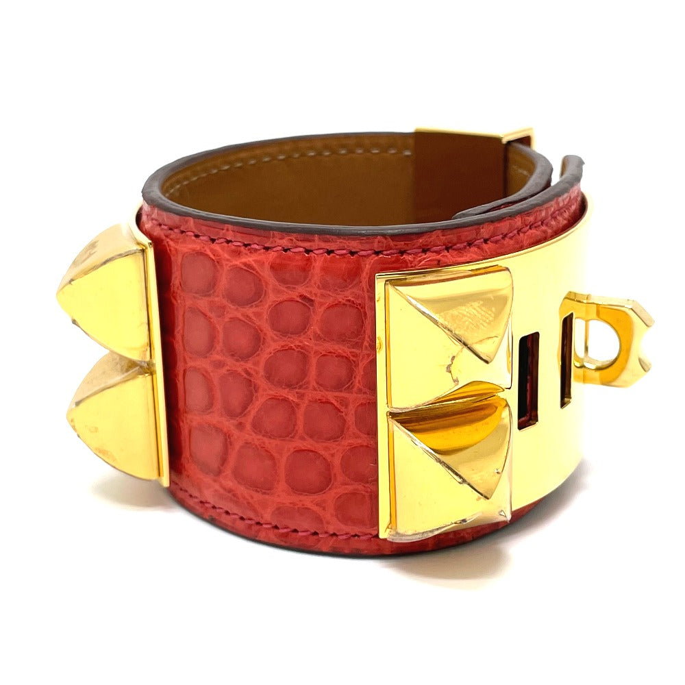 HERMES Collier de Chien Bangle Bracelet, Leather, Women's, Bougainvillea, Red with Gold Hardware