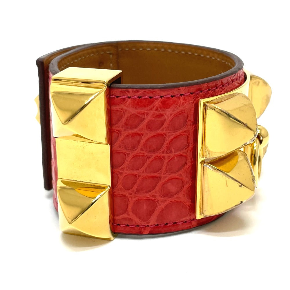 HERMES Collier de Chien Bangle Bracelet, Leather, Women's, Bougainvillea, Red with Gold Hardware