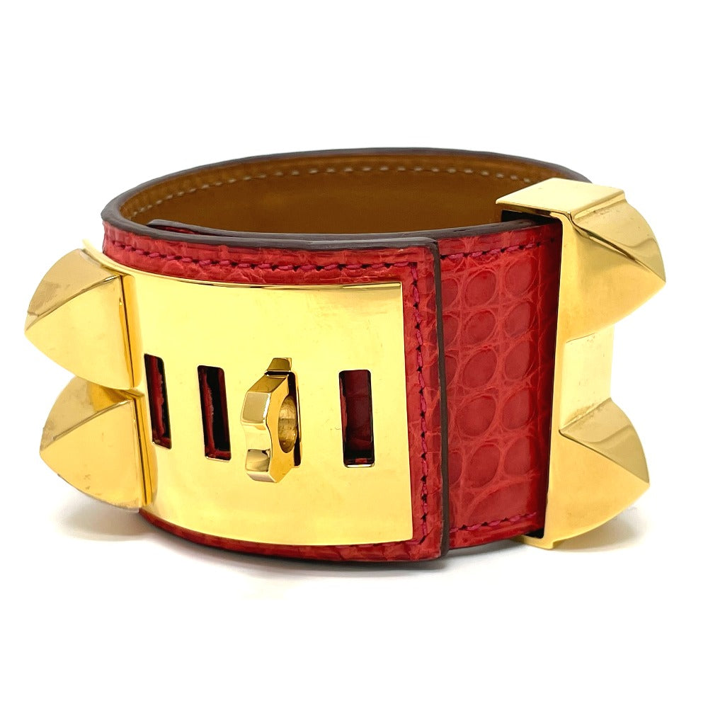 HERMES Collier de Chien Bangle Bracelet, Leather, Women's, Bougainvillea, Red with Gold Hardware