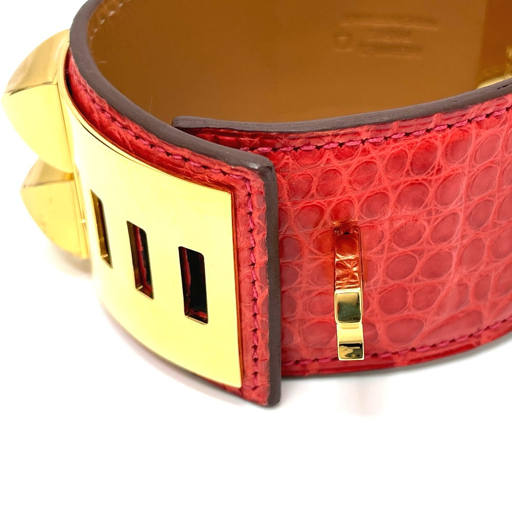 HERMES Collier de Chien Bangle Bracelet, Leather, Women's, Bougainvillea, Red with Gold Hardware