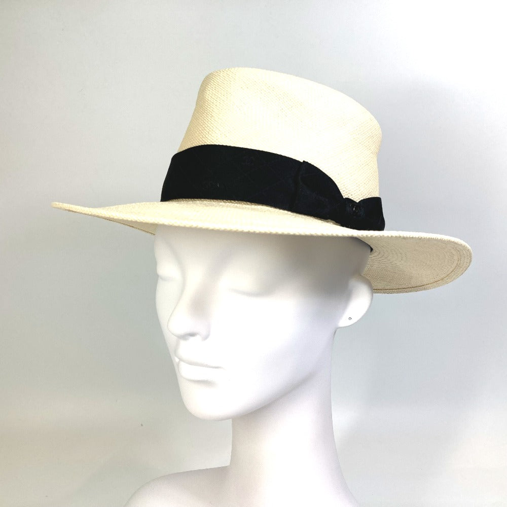 CHANEL CC Coco Mark Grosgrain Ribbon 19V Straw Hat, Women's, Beige