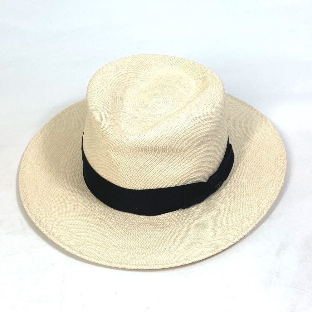 CHANEL CC Coco Mark Grosgrain Ribbon 19V Straw Hat, Women's, Beige