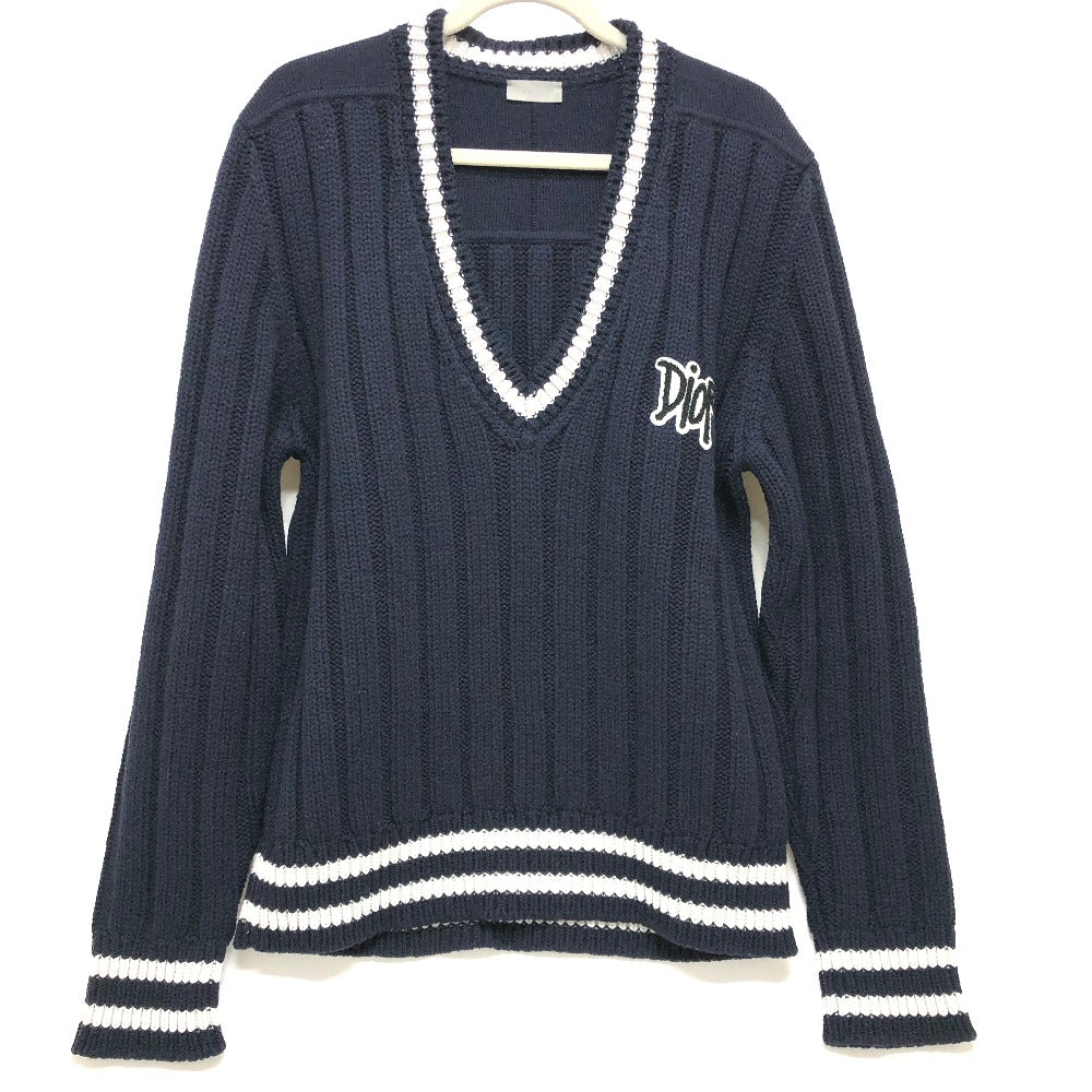 Dior 033M630AT171 Logo Shawn Stüssy Long Sleeve Knit Sweater, Men's, Navy and White