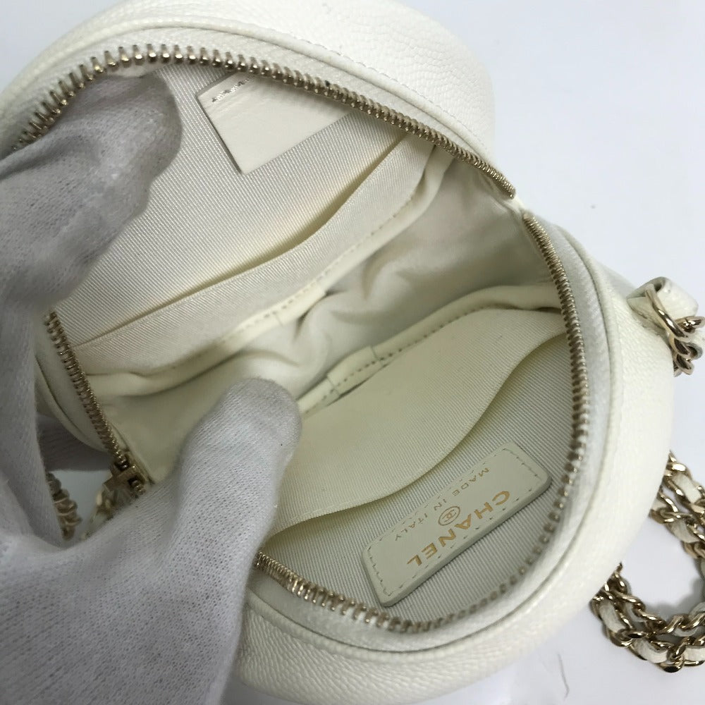 CHANEL CC Coco Mark Pochette Matelasse Quilted Round Chain Bag, Crossbody Shoulder Bag, Caviar Skin, White