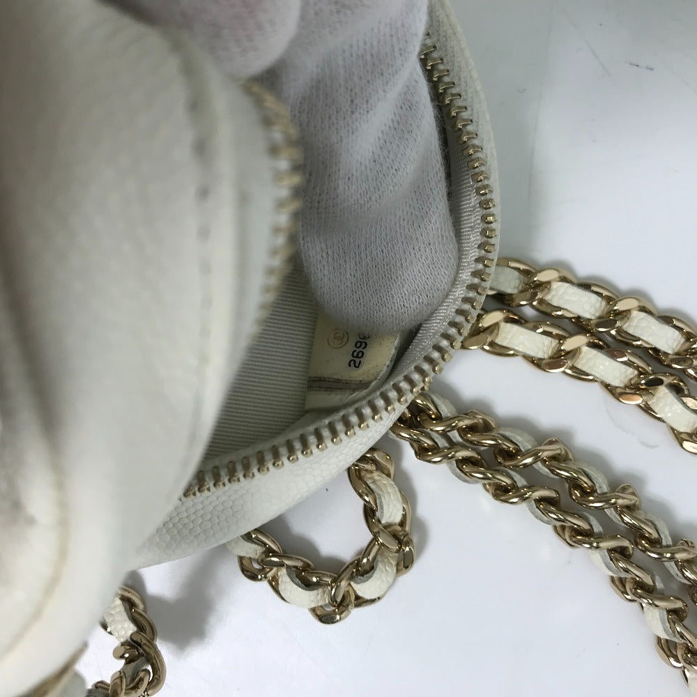 CHANEL CC Coco Mark Pochette Matelasse Quilted Round Chain Bag, Crossbody Shoulder Bag, Caviar Skin, White
