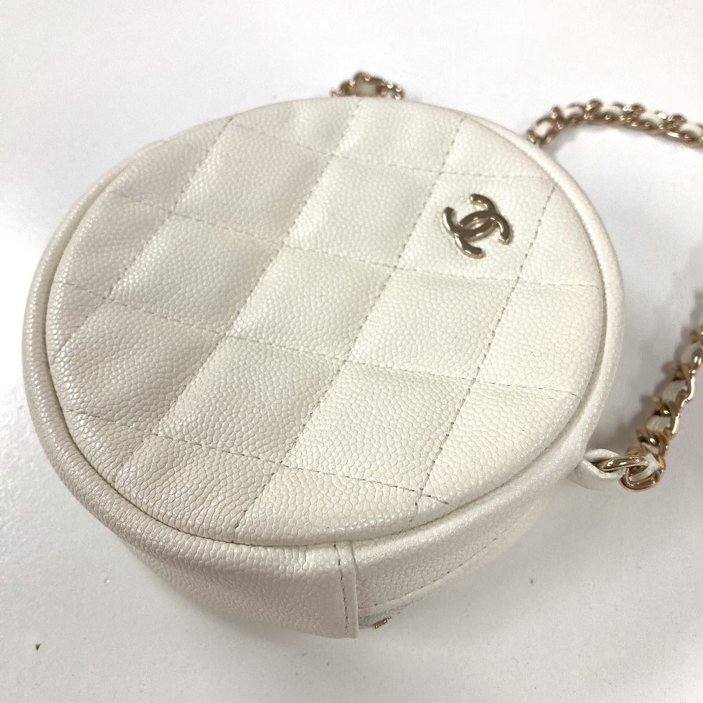 CHANEL CC Coco Mark Pochette Matelasse Quilted Round Chain Bag, Crossbody Shoulder Bag, Caviar Skin, White