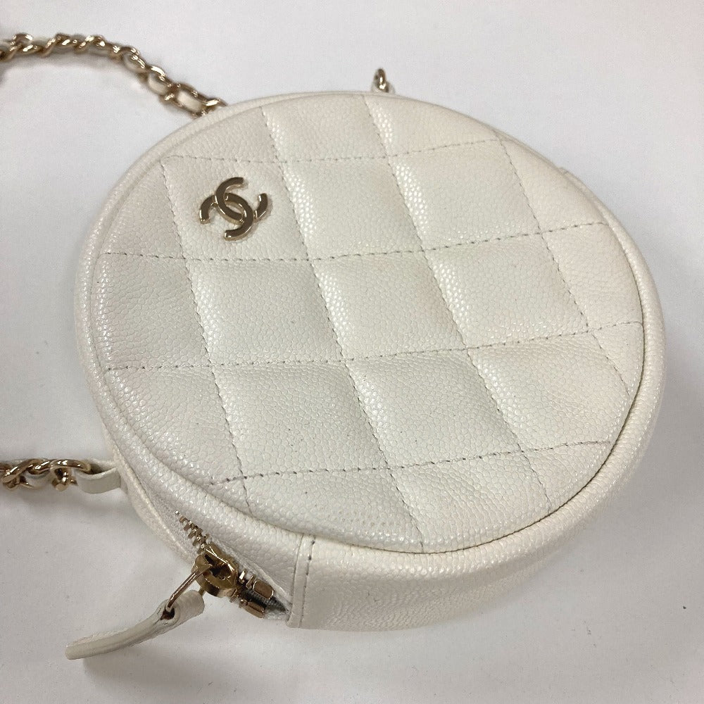 CHANEL CC Coco Mark Pochette Matelasse Quilted Round Chain Bag, Crossbody Shoulder Bag, Caviar Skin, White