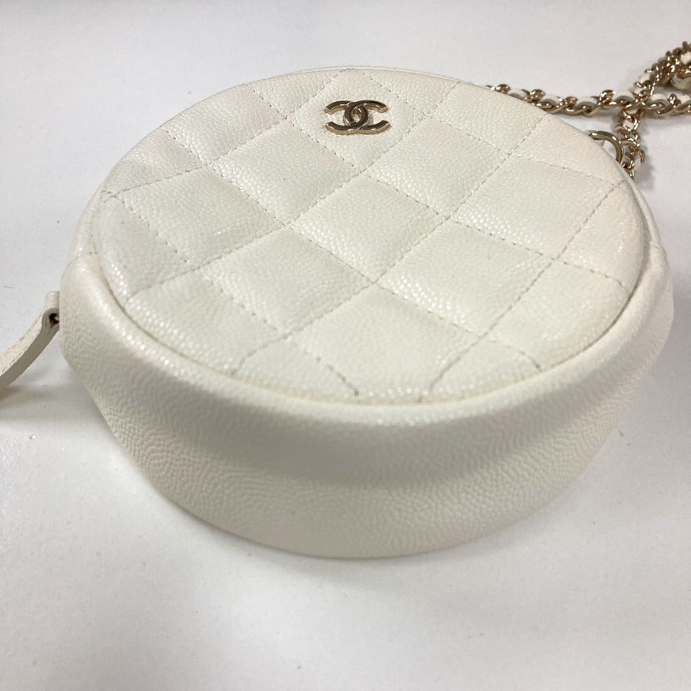 CHANEL CC Coco Mark Pochette Matelasse Quilted Round Chain Bag, Crossbody Shoulder Bag, Caviar Skin, White