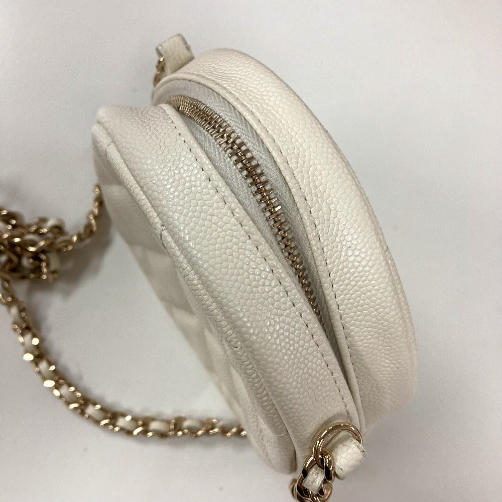 CHANEL CC Coco Mark Pochette Matelasse Quilted Round Chain Bag, Crossbody Shoulder Bag, Caviar Skin, White