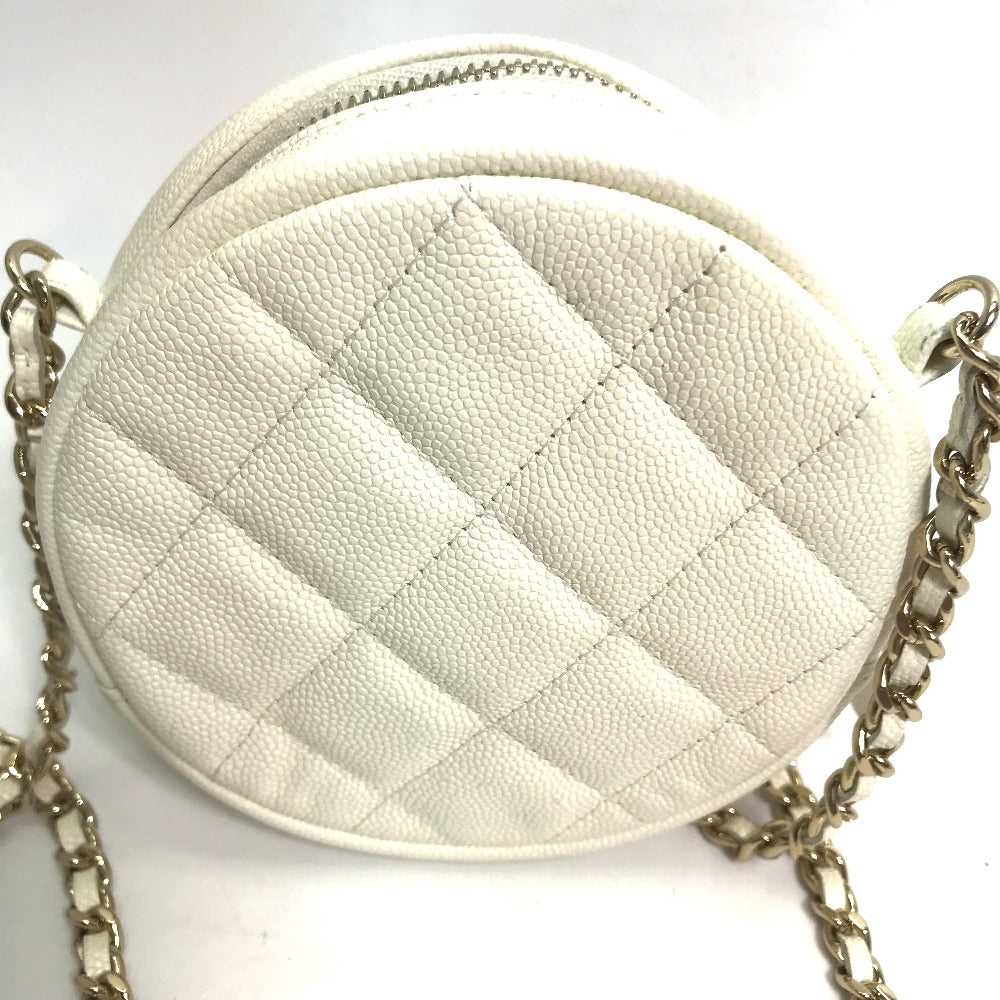 CHANEL CC Coco Mark Pochette Matelasse Quilted Round Chain Bag, Crossbody Shoulder Bag, Caviar Skin, White
