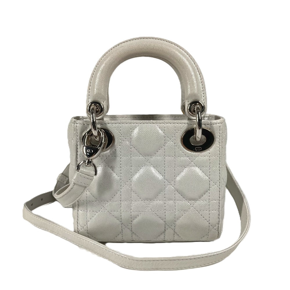 Dior Lady Dior Cannage Mini 2-Way Shoulder Bag, Crossbody Bag, Handbag, Leather, Women's, Metallic Gray