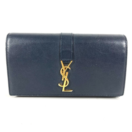 SAINT LAURENT PARIS 414567 YSLライン ロゴ ロングウォレット フラップ 長財布 レザー ユニセックス ネイビー