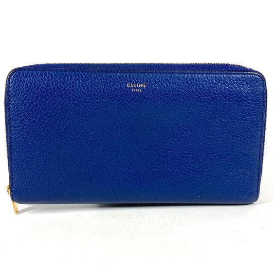 CELINE logo long wallet with round zipper, leather, unisex, blue