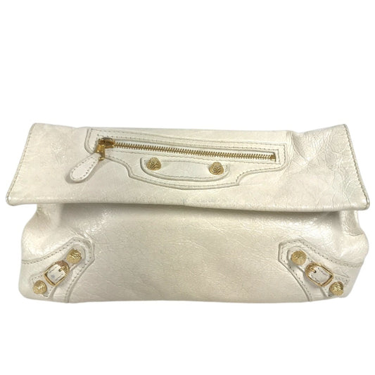 BALENCIAGA 327079 Studs Giant envelope Bag Pouch Flap Clutch bag Leather White/Gold Used