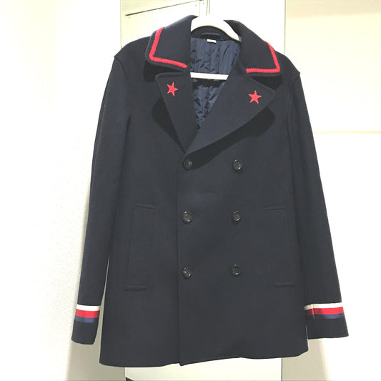 GUCCI 451131 バイカラー シルヴィウェブリボン フェルトジャケット ピーコート ウール メンズ ネイビー