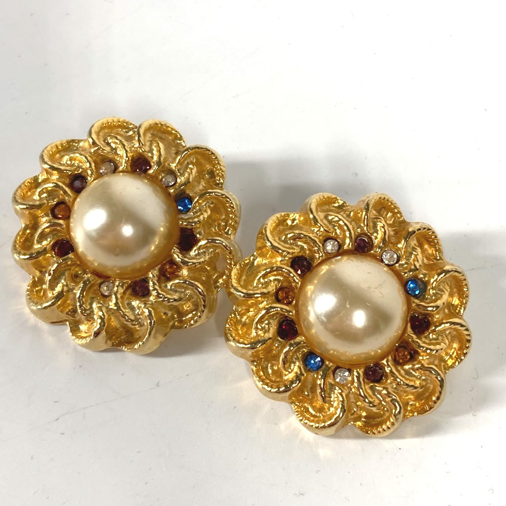 CHANEL ヴィンテージ フラワー ラインストーン フェイクパール アクセサリー ビジュー ピアス メタル レディース ゴールド