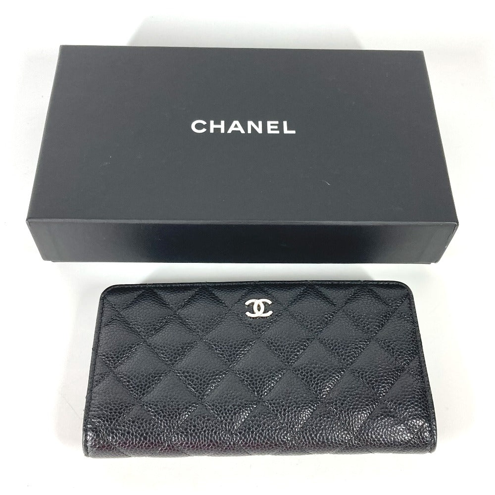 CHANEL ロングウォレット CC ココマーク マトラッセ キルティング 2つ折り 長財布 キャビアスキン レディース ブラック